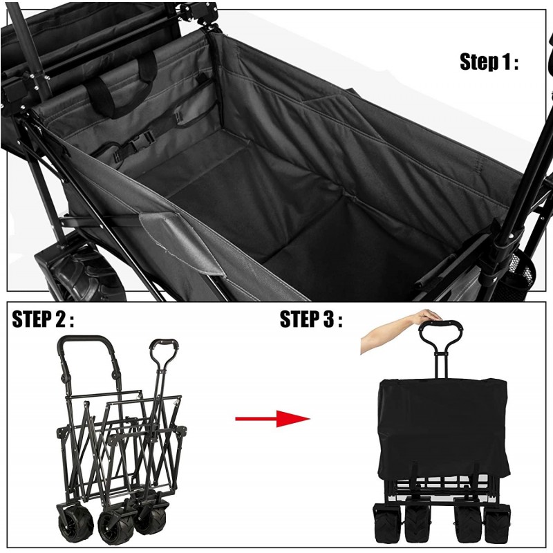 Happbuy Extra Large Collapsible Garden Cart with Removable Canopy, Folding Wagon Utility Carts with Wheels and Rear Storage, Wagon Cart for Garden, Camping, Grocery Cart, Shopping Cart, Black