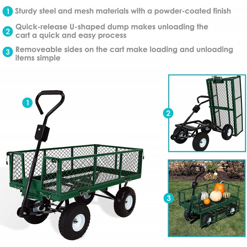 Sunnydaze Utility Steel Dump Garden Cart, Outdoor Lawn Wagon with Removable Sides, Heavy-Duty 660 Pound Capacity, Green