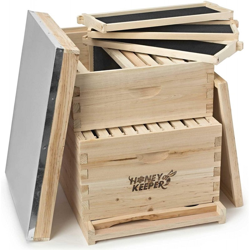 Honey Keeper Beehive 20 Frame Complete Box Kit (10 Deep and 10 Medium) with Metal Roof for Langstroth Beekeeping