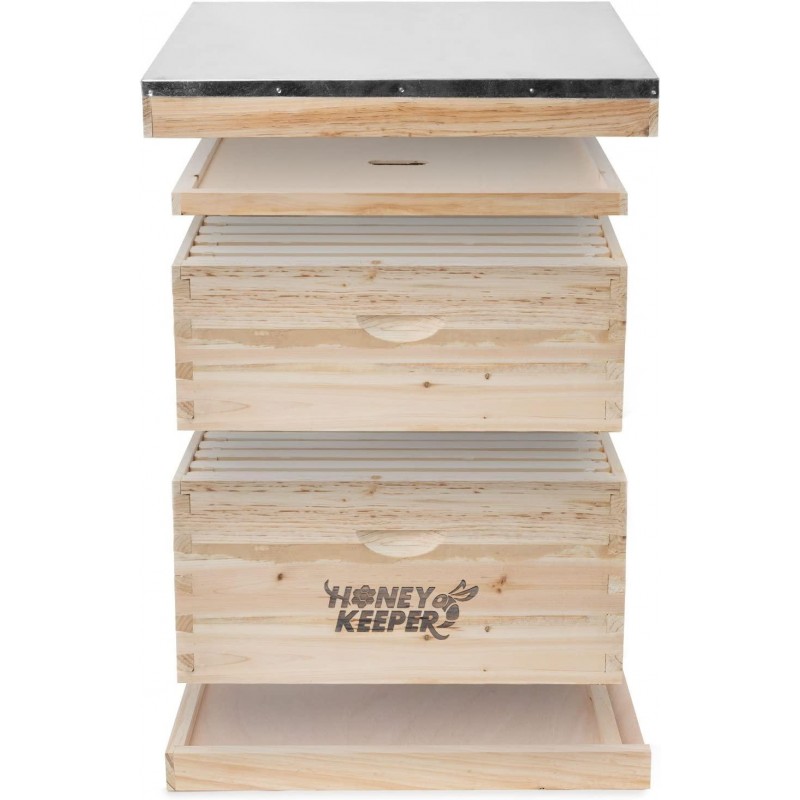 Honey Keeper Beehive 20 Frame Complete Box Kit (10 Deep and 10 Medium) with Metal Roof for Langstroth Beekeeping