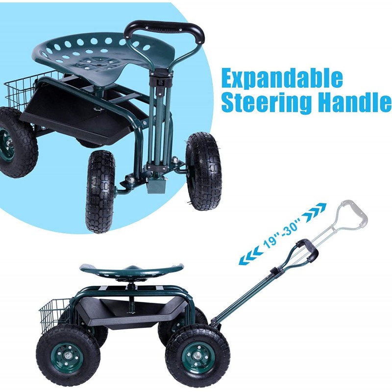 Dporticus Rolling Garden Steerable Tool Cart Scooter with Extendable Steer Handle,360 Swivel Seat and Tool Storage Basket, Green