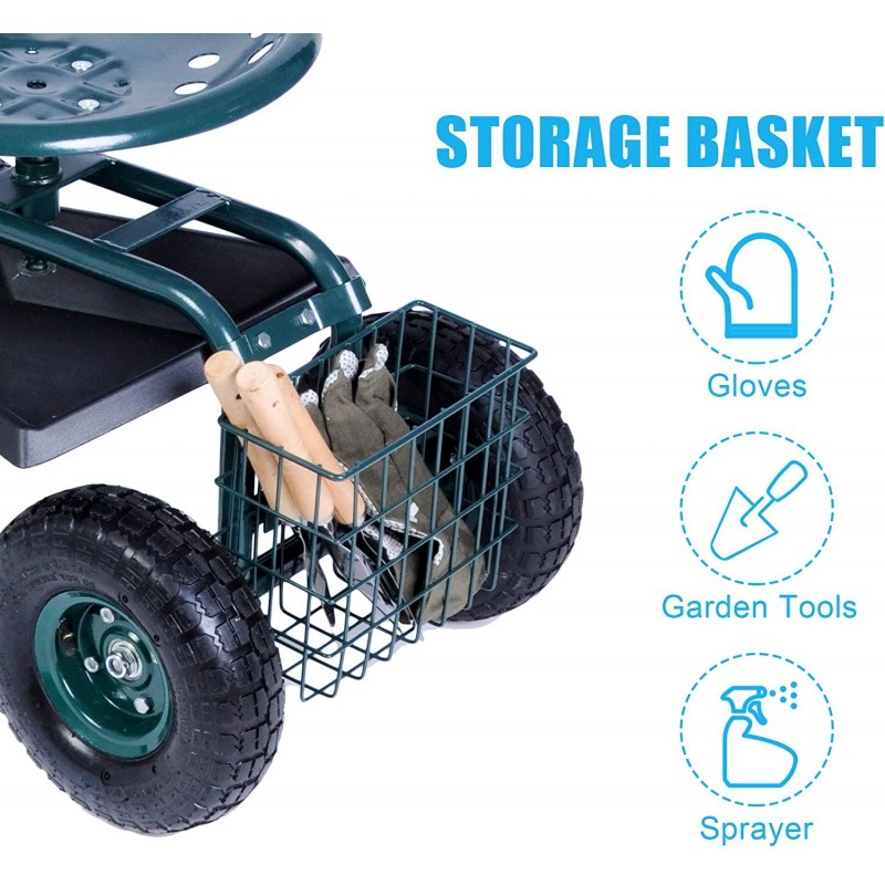 Dporticus Rolling Garden Steerable Tool Cart Scooter with Extendable Steer Handle,360 Swivel Seat and Tool Storage Basket, Green