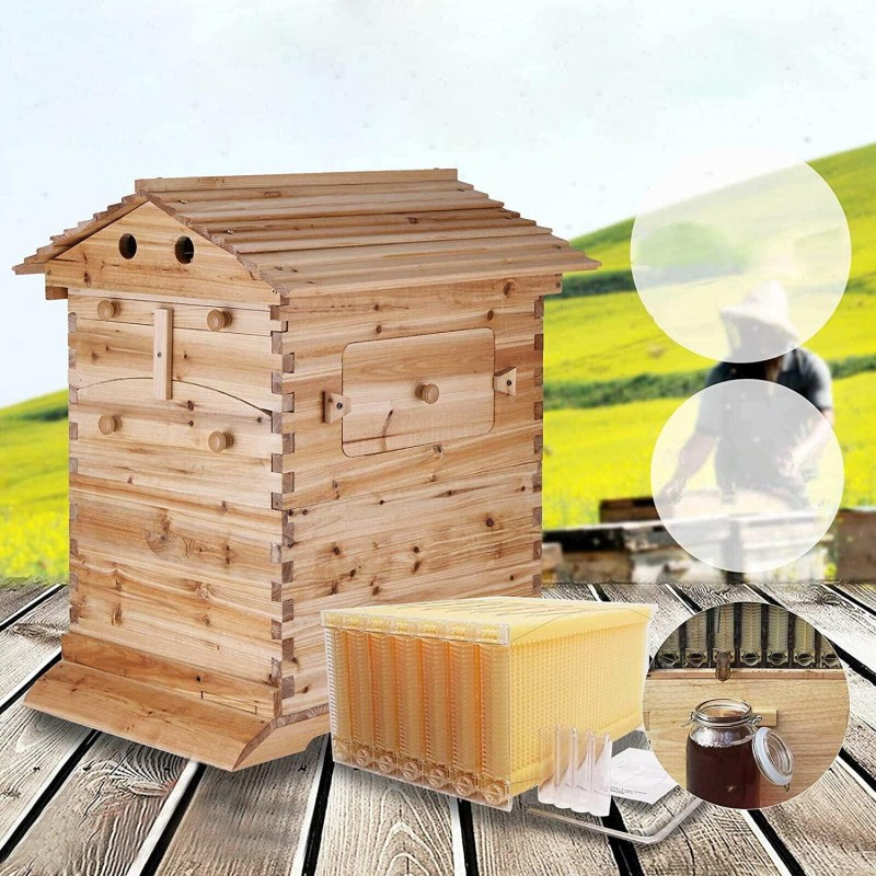 Lwestine Flow Hive Beehive kit Automatic Wooden bee hive House kit Beehive Boxes with 7 Peice Comb Honey Frames for Beginning and Professional Beekeepers