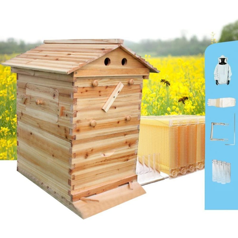 Yolpoco 7Pcs Auto Beehive Frame Comb, Automatic Wooden bee hive House kit，Auto Honey Hive Beehive Frames + Beekeeping Wooden House Beehive Boxes-Food Grade BPA