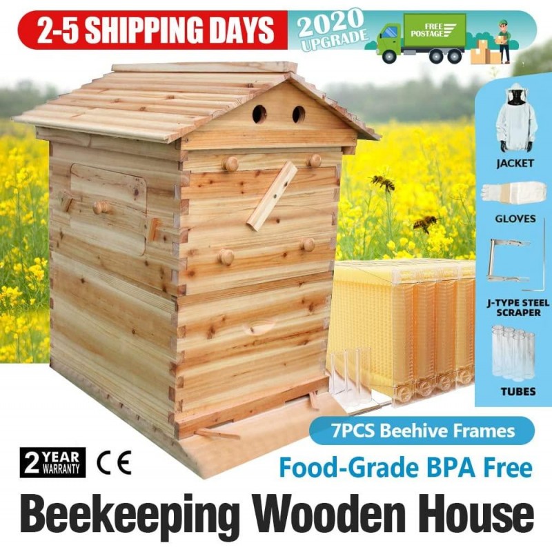 Yolpoco 7Pcs Auto Beehive Frame Comb, Automatic Wooden bee hive House kit，Auto Honey Hive Beehive Frames + Beekeeping Wooden House Beehive Boxes-Food Grade BPA