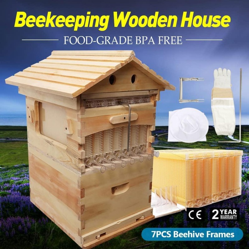 Yolpoco 7Pcs Auto Beehive Frame Comb, Automatic Wooden bee hive House kit，Auto Honey Hive Beehive Frames + Beekeeping Wooden House Beehive Boxes-Food Grade BPA