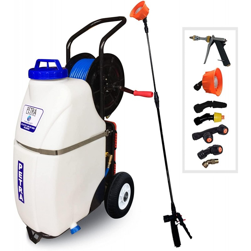 PetraTools Battery Powered 12 Gallon Cart Sprayer - Beast, Heavy Duty Commercial Sprayer w/Custom Built Cart, Offroad Wheels & Solid Steel Easy-Turn Hose Reel for 100 Foot Hose, Multipurpose HD Wand