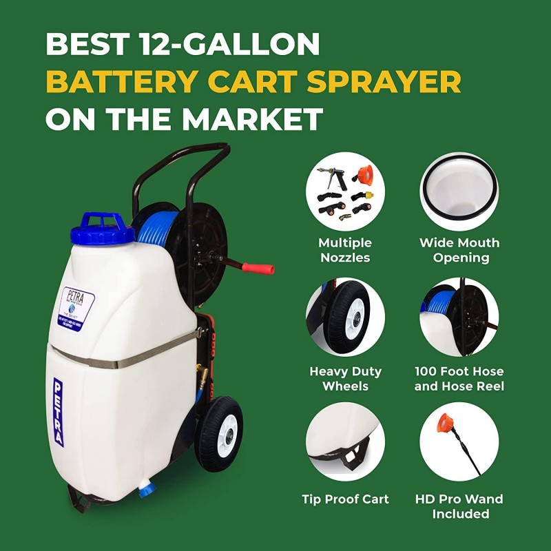 PetraTools Battery Powered 12 Gallon Cart Sprayer - Beast, Heavy Duty Commercial Sprayer w/Custom Built Cart, Offroad Wheels & Solid Steel Easy-Turn Hose Reel for 100 Foot Hose, Multipurpose HD Wand