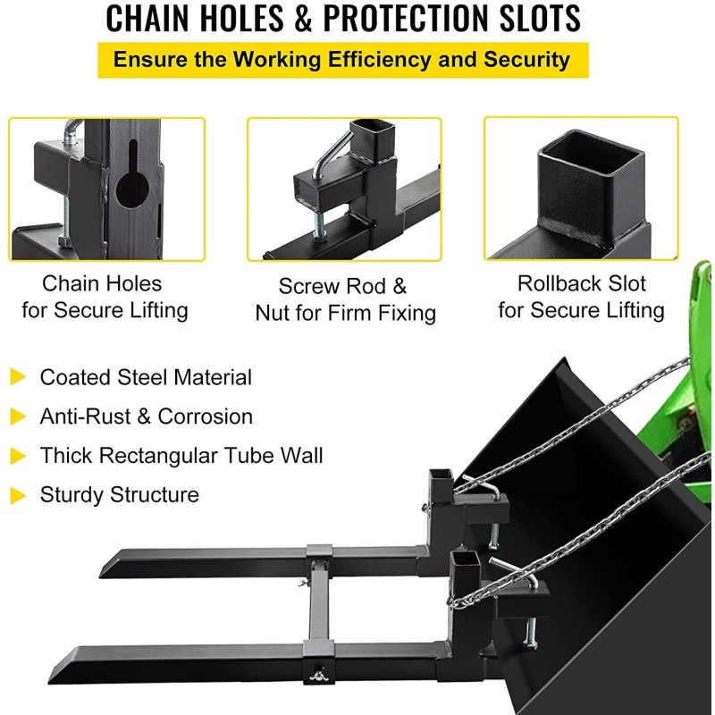 BestEquip Pallet Forks 1500lbs Capacity, Tractor Forks 43 inch Length, Clamp on Bucket Forks w/Adjustable Stabilizer Bar, Fork Loader Attachment for Skid Steer, Tractor Forks for Agriculture and Farm