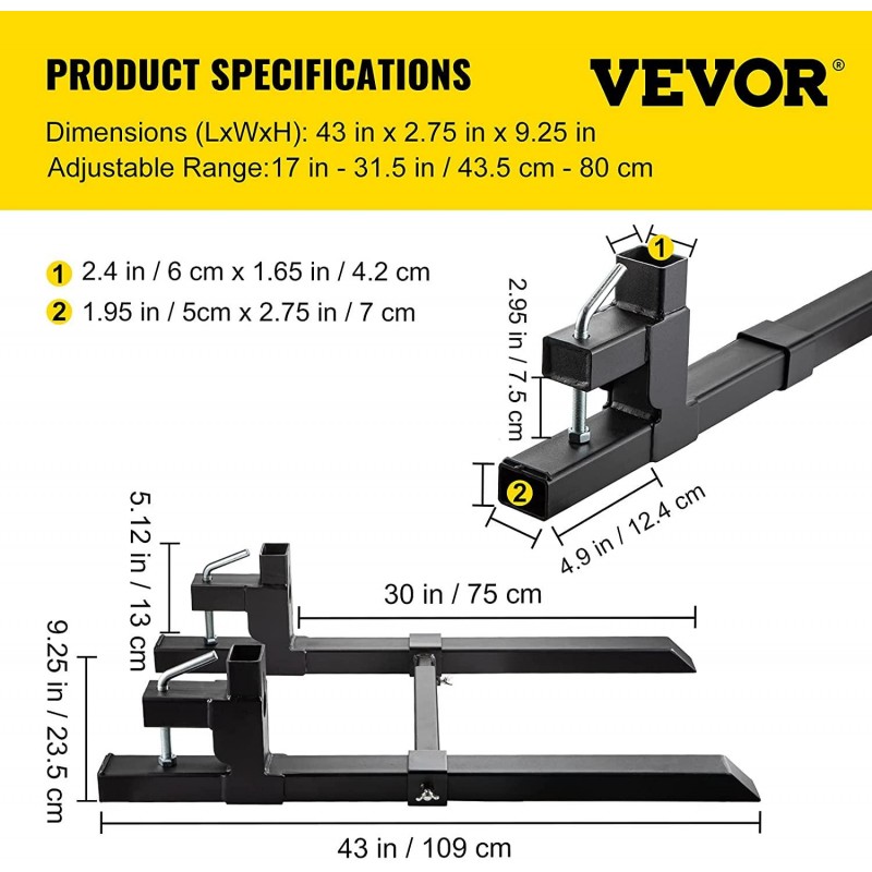 BestEquip Pallet Forks 1500lbs Capacity, Tractor Forks 43 inch Length, Clamp on Bucket Forks w/Adjustable Stabilizer Bar, Fork Loader Attachment for Skid Steer, Tractor Forks for Agriculture and Farm