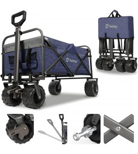 Sekey Collapsible Folding Wagon Cart with Brake, Outdoor Heavy Duty Utility Beach Wagon with All Terrain Wheels, Dark Blue