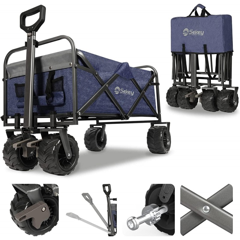 Sekey Collapsible Folding Wagon Cart with Brake, Outdoor Heavy Duty Utility Beach Wagon with All Terrain Wheels, Dark Blue